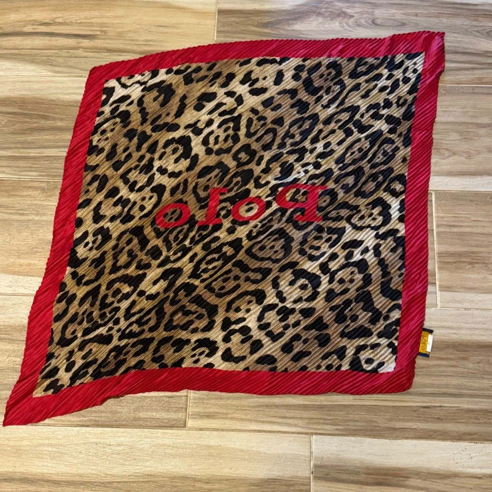 Polo Ralph Lauren Plisse Silk Scarf Leopard Animal Print Red Border Pleated Sq